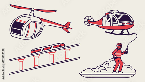 Futuristic Transport Icons Featuring Hyperloop and Space Elevators in Silhouettes
