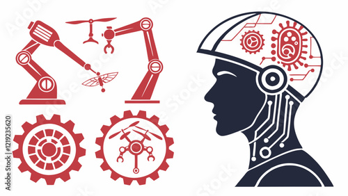 Modern Robotics Icons with AI, Humanoids, and Neural Networks in Silhouettes