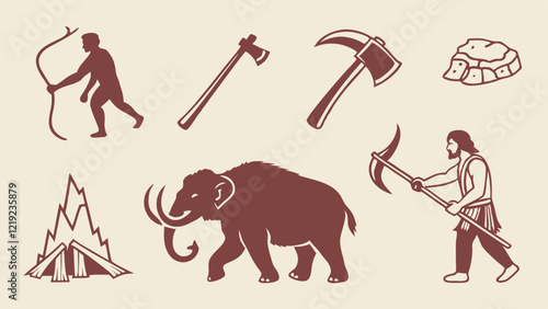 Set of flat silhouette icons featuring prehistoric tools such as mammoths, fire pits, and cave paintings.