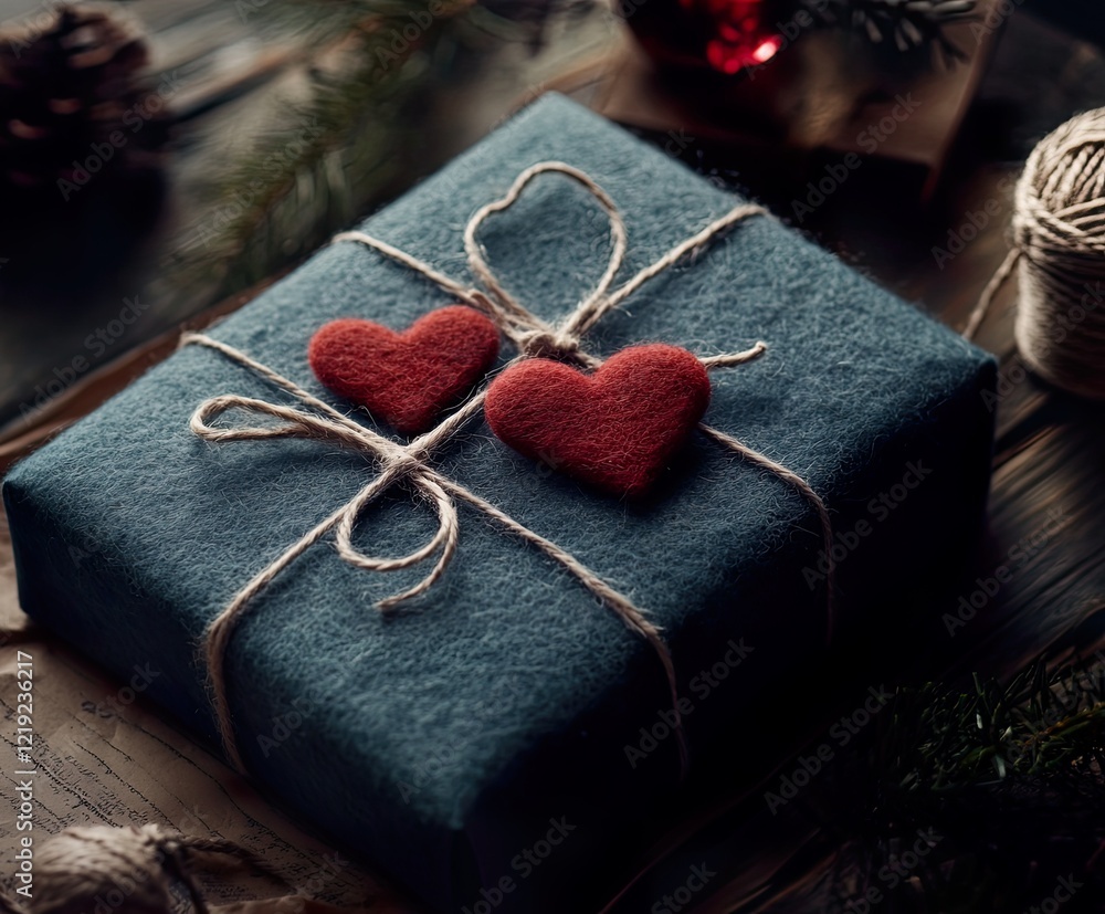 Fototapeta premium Charming Felt Hearts and Twine Gift Wrap Creative Packaging Design