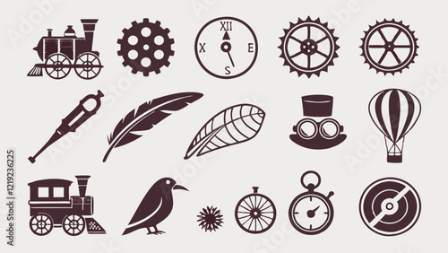 Flat silhouette icons of steampunk inventions such as gears, airships, and mechanical birds.