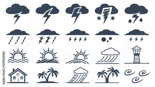 Weather Forces Icons Showing Tornadoes, Lightning, Volcanoes, and Auroras
