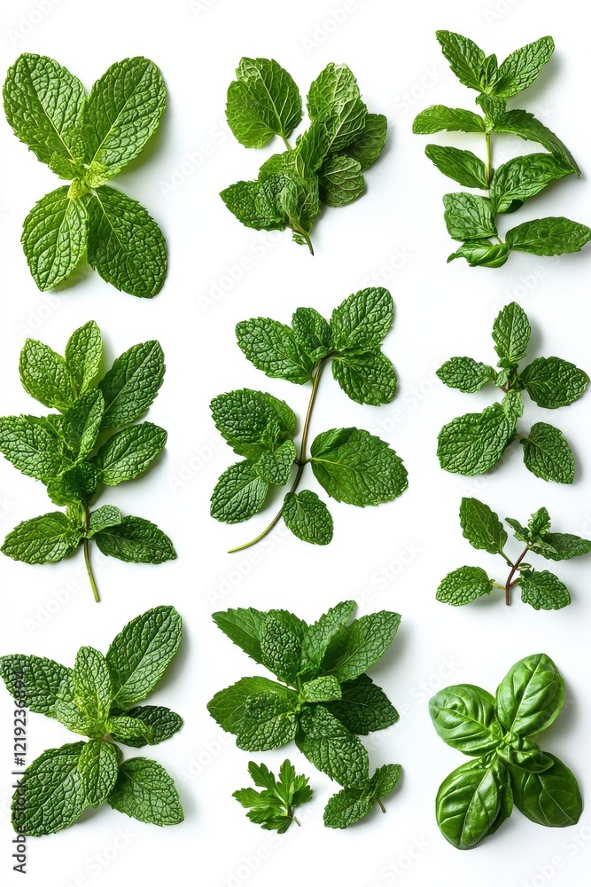 Various fresh green mint leaves and herbs arranged on a white background Various fresh green mint leaves and herbs arranged on a white background