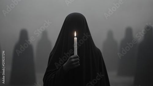 Mysterious figure holding a candle amidst a foggy gathering at night photo