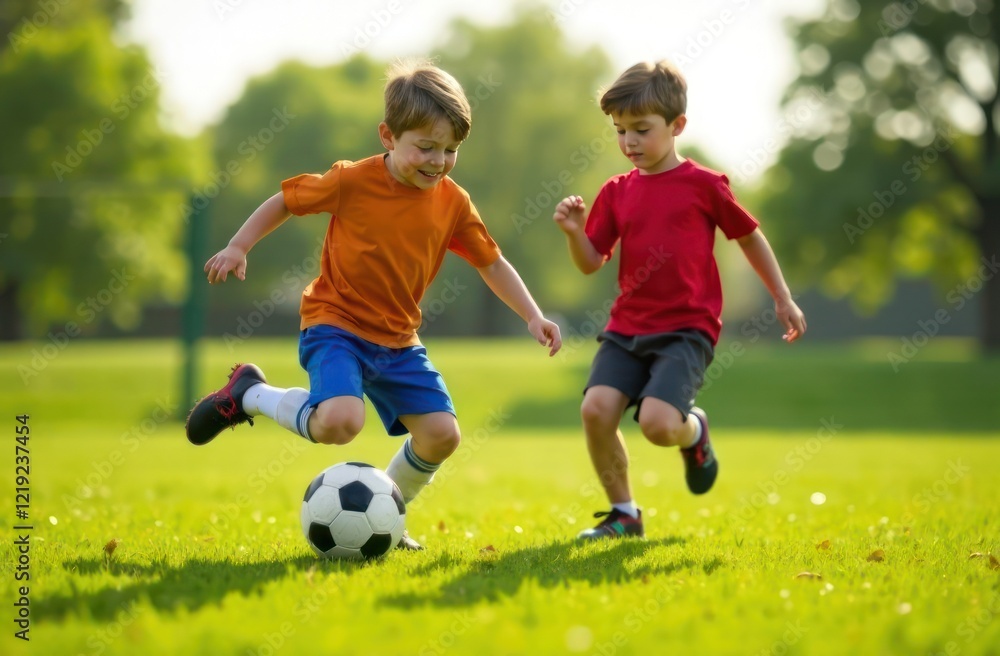boys playing soccer, young kids in orange and red shirts enjoying game on grassy field - concept of sports fun, childhood play, outdoor activity boys playing soccer, young kids in orange and red shirts enjoying game on grassy field - concept of sports fun, childhood play, outdoor activity