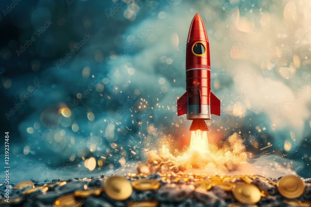 Fototapeta premium Red rocket taking off from a pile of gold coins, symbolizing a successful business startup and financial growth