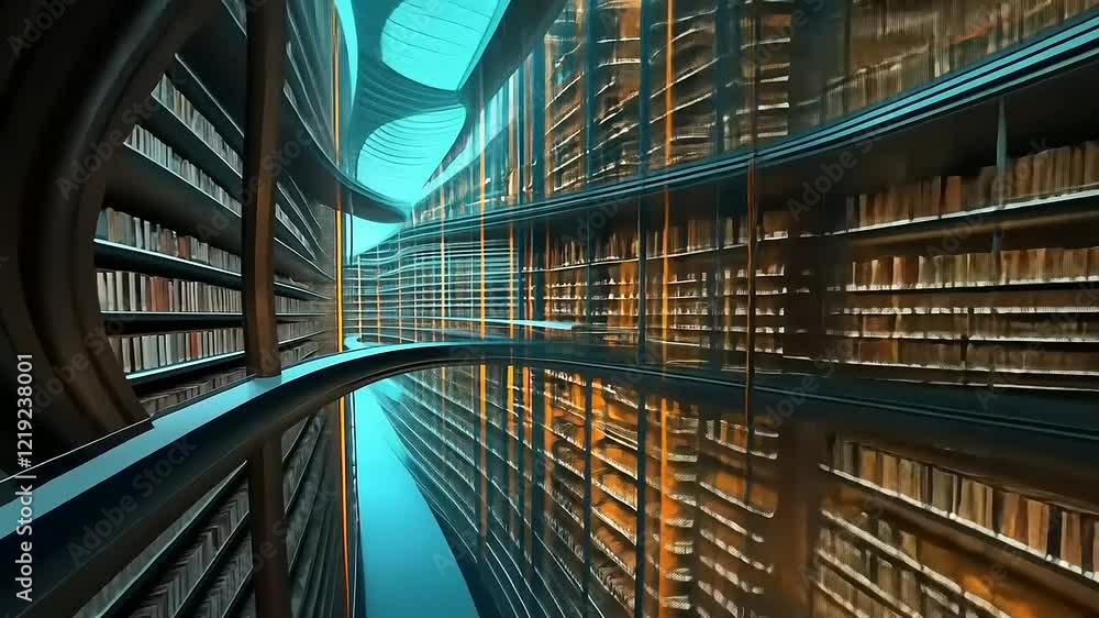 Futuristic library interior showcasing curved architecture, illuminated shelves, and a glass walkway Futuristic library interior showcasing curved architecture, illuminated shelves, and a glass walkway