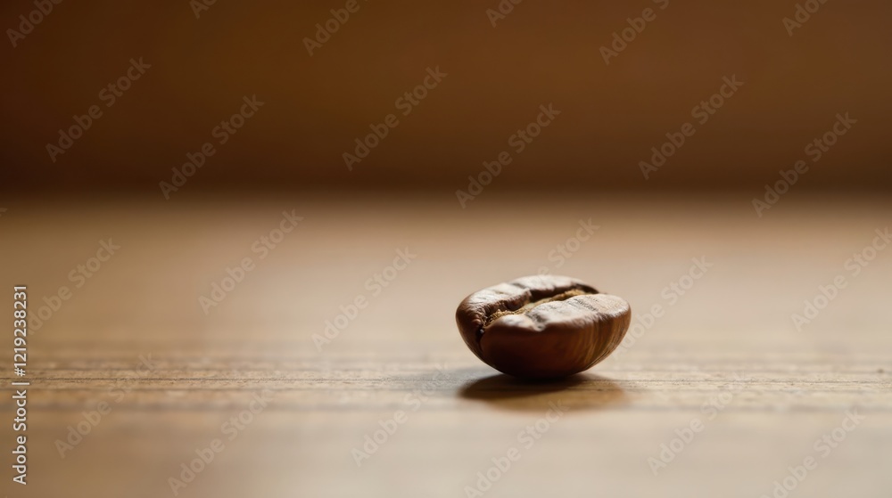 A Single Roasted Coffee Bean Resting on a Smooth Wooden Surface, Illuminated by Soft Natural Light A Single Roasted Coffee Bean Resting on a Smooth Wooden Surface, Illuminated by Soft Natural Light