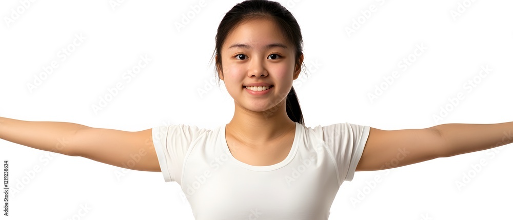 Smiling Asian Girl Stretching Arms Out Wide White Background Smiling Asian Girl Stretching Arms Out Wide White Background