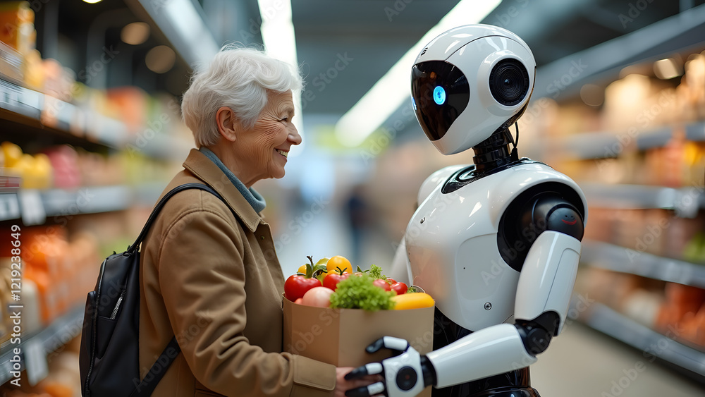 Obraz premium A humanoid robot assists an elderly Caucasian woman with her groceries, smiling as it carries a shopping bag filled with fresh produce in a bright market setting