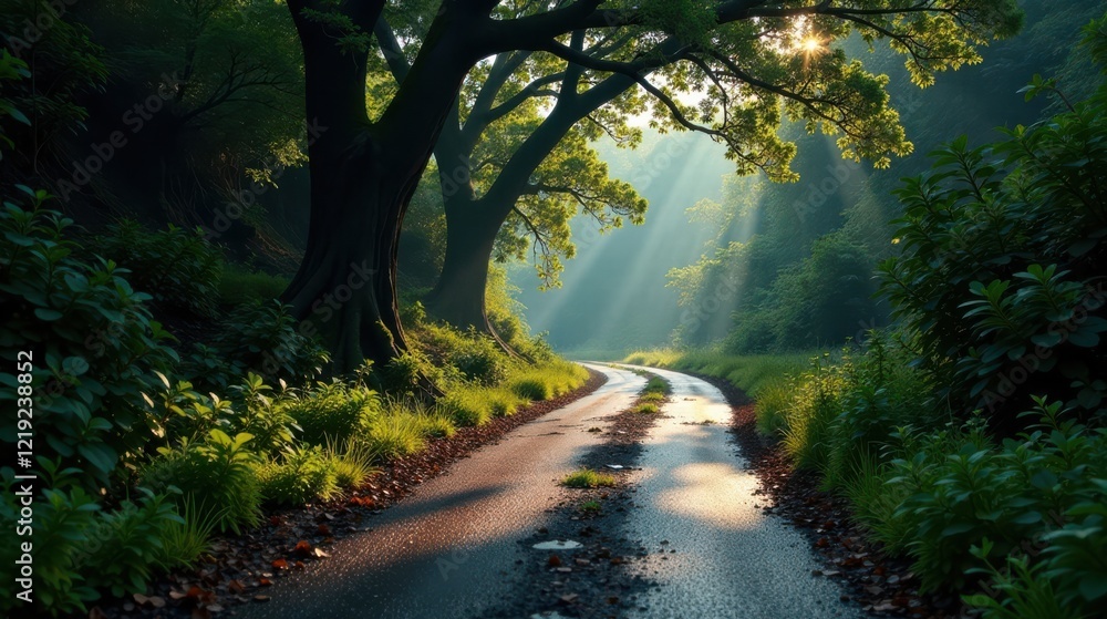 Fototapeta premium Sunlit Path Through Lush Woodland, Winding Road Beckons with Serene Beauty and Tranquil Atmosphere