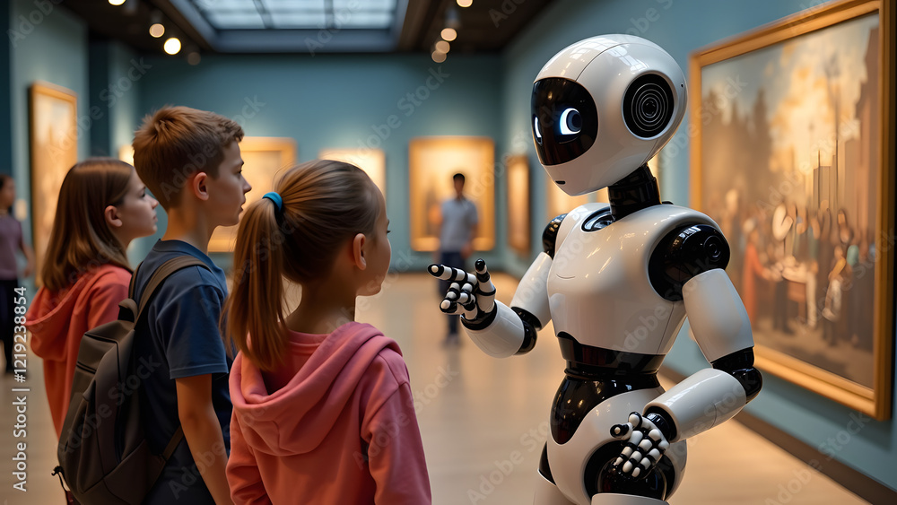 custom made wallpaper toronto digitalA humanoid robot guides a group of children, including two boys and a girl, on a museum tour, pointing at exhibits and explaining details enthusiastically
