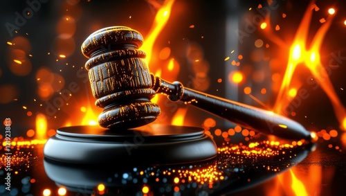 Wooden judge's gavel on black reflective surface, dramatic lighting, fiery sparks, orange embers, legal justice concept, high contrast, macro photography, dark background, symbolic imagery, cinematic  photo