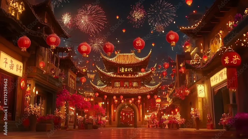 Obraz premium Festive Chinese New Year night scene with fireworks, lanterns, and traditional architecture. (2)