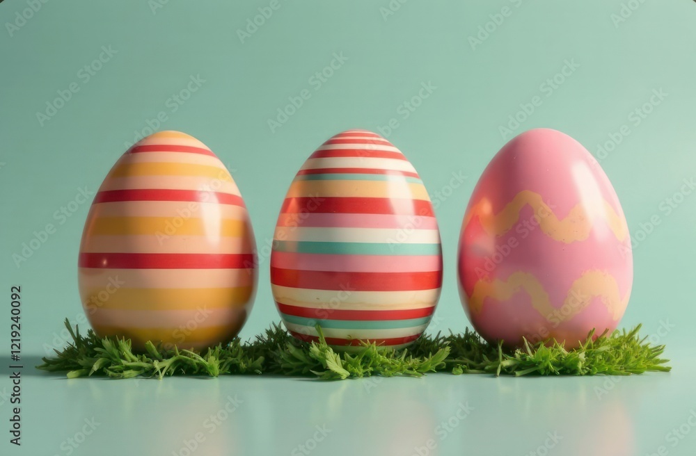 Naklejka premium colorful glossy easter eggs with striped patterns on neutral background concept of easter decoration, festive celebration, spring season. copyspace