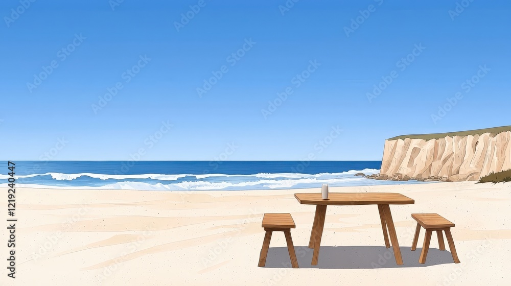 Tranquil Beach Scene with Table and Chairs Overlooking Calm Ocean Under Clear Blue Sky Tranquil Beach Scene with Table and Chairs Overlooking Calm Ocean Under Clear Blue Sky