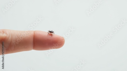 A tiny arachnid insect crawls on a human fingertip against a plain white backdrop