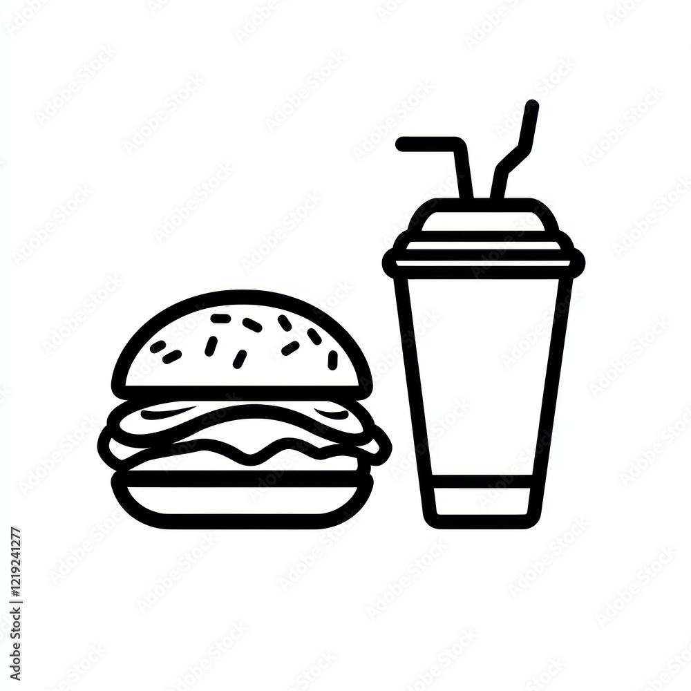 Burger and drink in a takeaway cup on a white background, used for food menus Burger and drink in a takeaway cup on a white background, used for food menus
