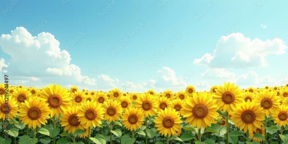 Obraz premium Serene Summer Sunflowers Blooming Under a Bright Blue Sky with Fluffy White Clouds