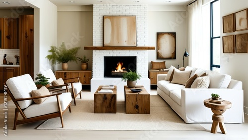Wallpaper Mural Modern living room, minimalist design, neutral color palette, fireplace, white sofa, wooden coffee table, mid-century armchair, large windows, natural light, potted plant, abstract wall art, accent wa Torontodigital.ca