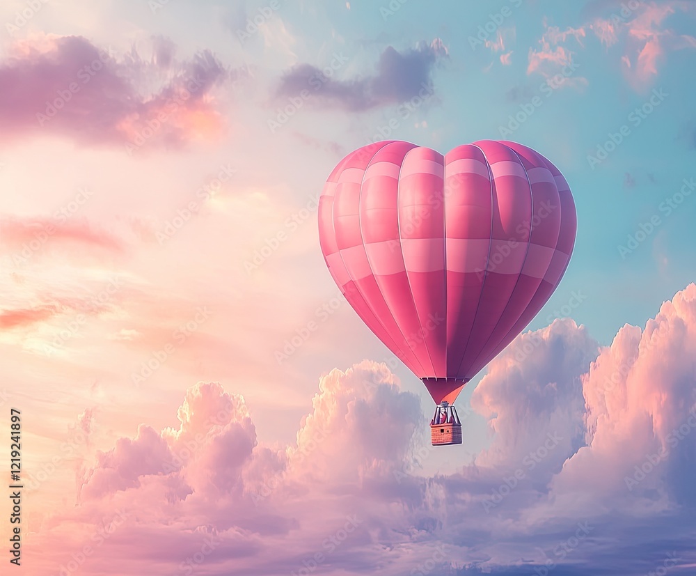 Fototapeta premium Dreamy Pastel Heart Shaped Hot Air Balloon Floating in Sky