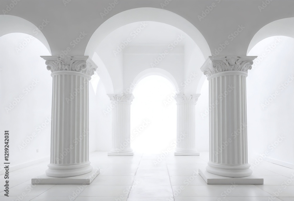 Serene white hall with classical columns and arched openings, creating a sense of symmetry and tranquility. The bright, soft light enhances the ethereal ambiance. Serene white hall with classical columns and arched openings, creating a sense of symmetry and tranquility. The bright, soft light enhances the ethereal ambiance.