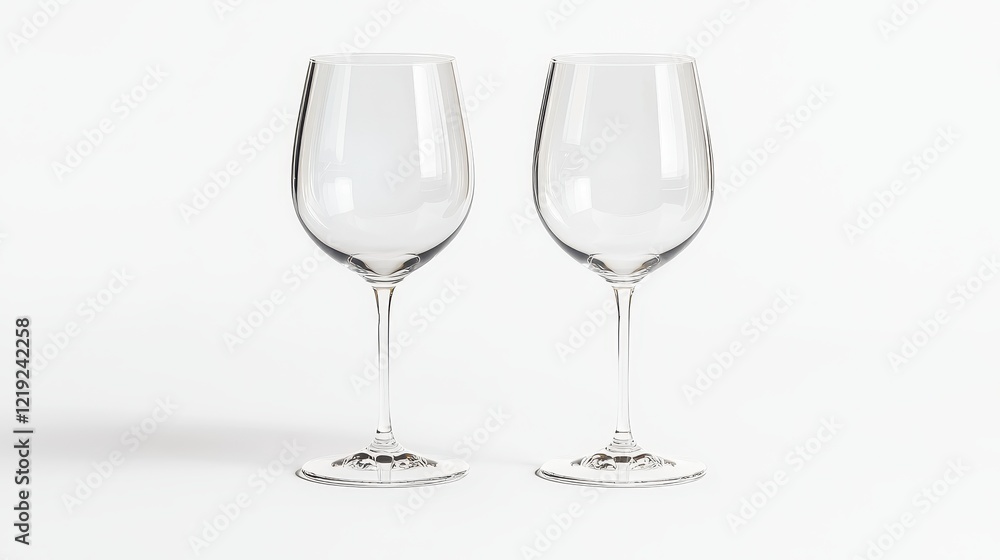 A pair of elegant wine glasses filled with white wine, placed on a clean white surface, on a white isolated background A pair of elegant wine glasses filled with white wine, placed on a clean white surface, on a white isolated background