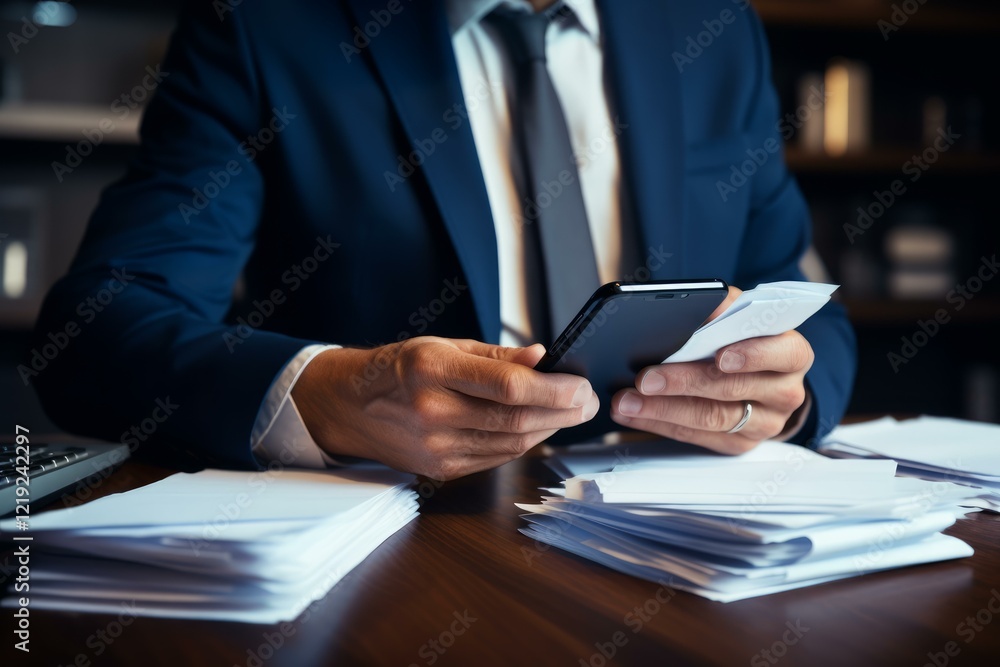 Businessman holding mobile phone and checking notes while working with documents at office desk Businessman holding mobile phone and checking notes while working with documents at office desk
