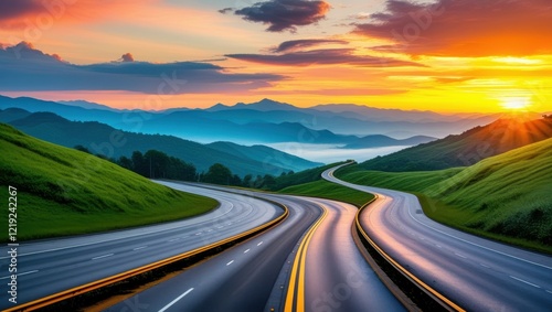 Winding highway at sunset, vibrant orange sky, rolling green hills, dramatic cloud formations, long exposure light trails, curving road, mountain silhouettes, golden hour landscape, dynamic compositio photo