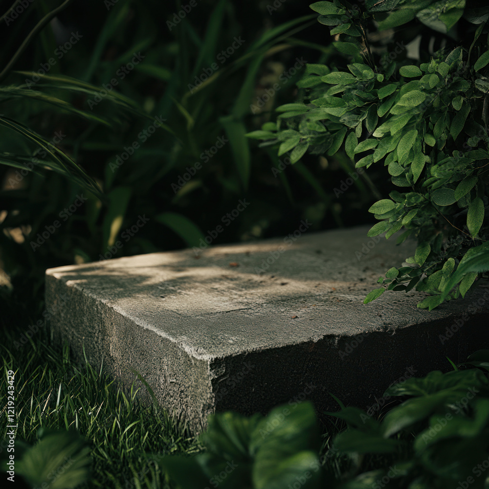 A stone platform in the middle of lush green foliage, with a blurred background. Close-up product photography showcasing nature A stone platform in the middle of lush green foliage, with a blurred background. Close-up product photography showcasing nature