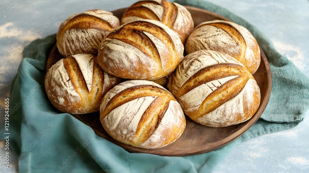 Artisan Crusty Bread Loaves on Wooden Tray Artisan Crusty Bread Loaves on Wooden Tray