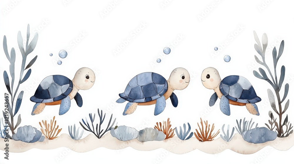 Fototapeta premium Playful Sea Turtles Swimming Among Coral Reef with Soothing Blue Background and Sea Plants