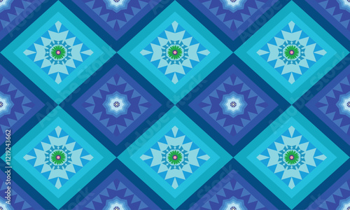 Seamless fabric pattern, triangles and rhombus lined up in rows to form a beautiful overlapping rhombus shape, with flowers in the center, abstract geometric background
