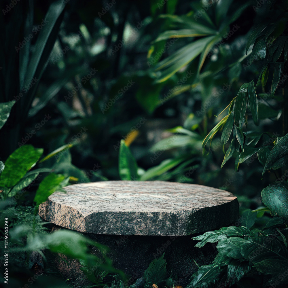 Obraz premium A stone platform in the middle of lush green foliage, with a blurred background. Close-up product photography showcasing nature