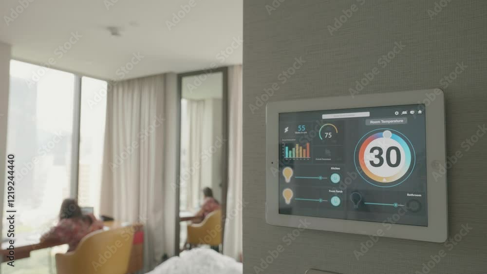 This image showcases a smart home temperature control system in a contemporary hotel room, highlighting the interface displaying room temperature and other environmental settings alongside guests rela