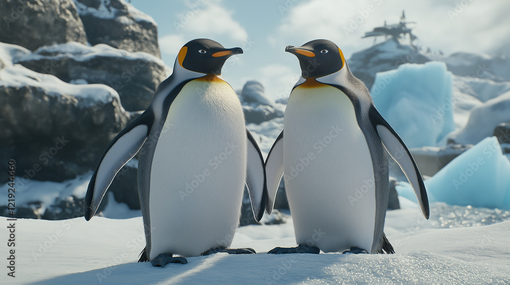 Fototapeta premium A pair of penguins standing at ice location.