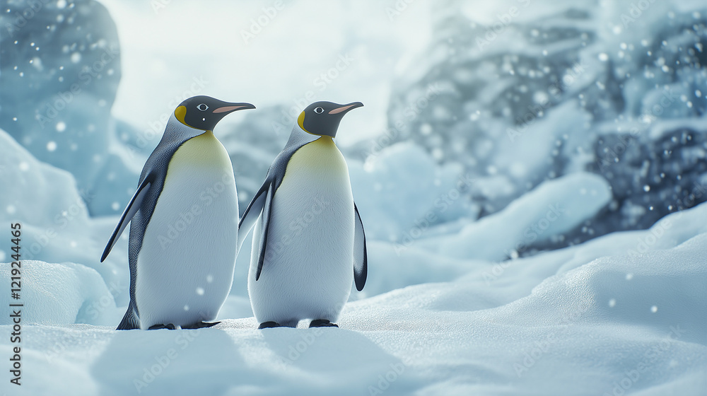 Fototapeta premium A pair of penguins standing at ice location.
