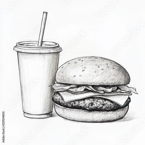 Hamburger and drink drawing, food still life for menu photo