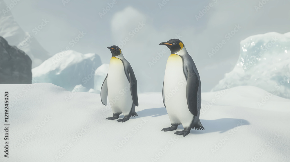 Fototapeta premium A pair of penguins standing at ice location.
