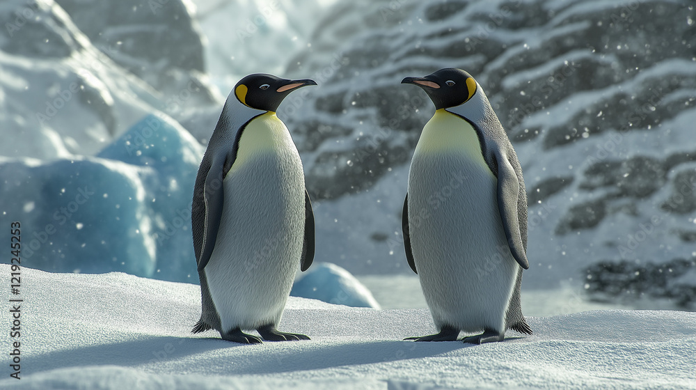 Fototapeta premium A pair of penguins standing at ice location.