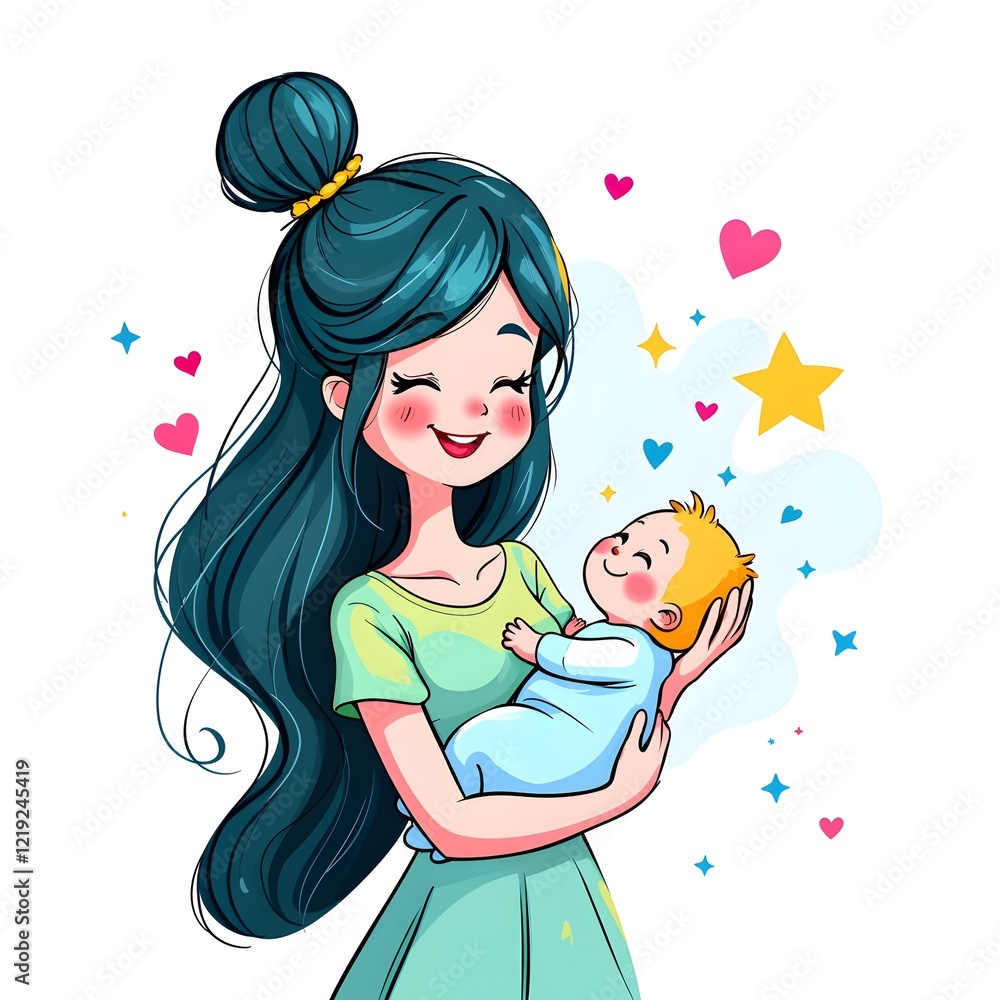 Cartoon woman young mother holding baby on transparent background. Pregnancy, childbirth, motherhood Cartoon woman young mother holding baby on transparent background. Pregnancy, childbirth, motherhood