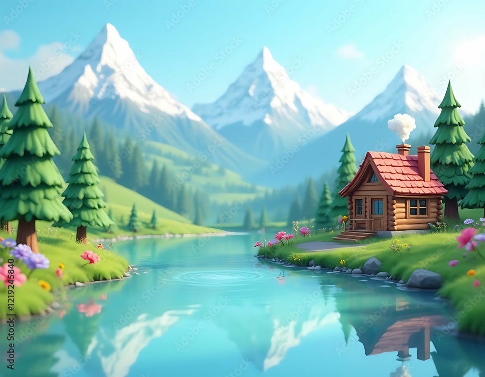 Fototapeta premium Charming Alpine Cabin: Stylized Mountain Lake Scene