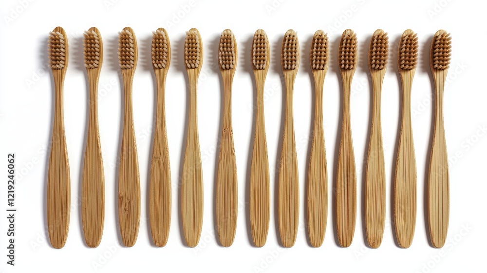 A set of eco-friendly bamboo toothbrushes, arranged in a row, on a white isolated background A set of eco-friendly bamboo toothbrushes, arranged in a row, on a white isolated background