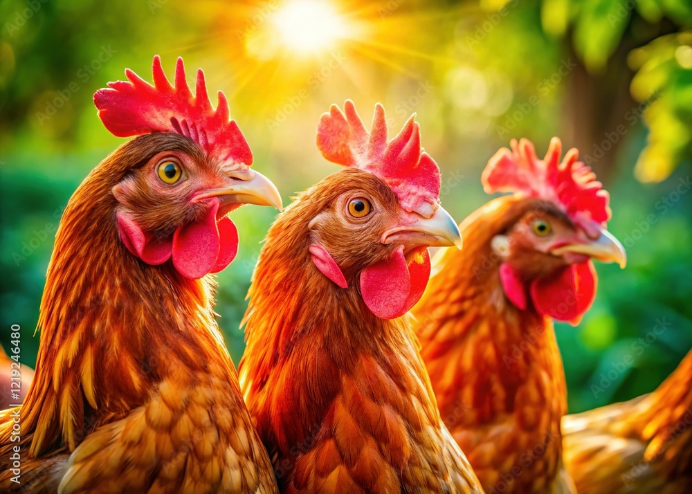 Fototapeta premium Red Feather Hens Sunbathing Easter Morning Macro Photography