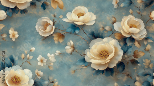Seamless wallpaper with ivory wild roses on muted blue background by Victorian style.