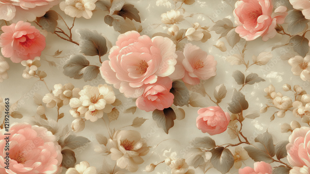 Obraz premium Seamless wallpaper with pale pink wild roses by Victorian style.