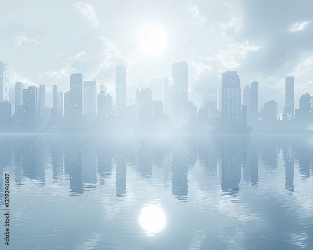Fototapeta premium Misty city skyline reflected in calm water at sunrise.