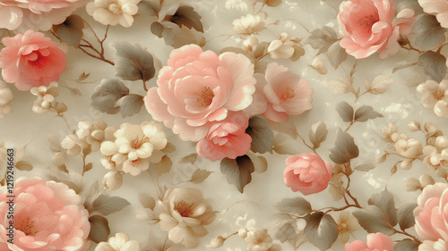 Seamless wallpaper with pale pink wild roses by Victorian style.