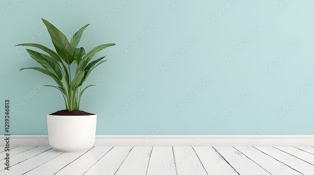 Fototapeta premium Modern Minimalist Interior Design with Plant in White Pot against Teal Wall