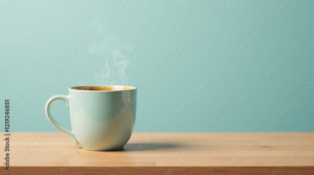 A steaming mug of hot beverage sits on a light wooden table against a tranquil teal backdrop, offering a serene and comforting visual A steaming mug of hot beverage sits on a light wooden table against a tranquil teal backdrop, offering a serene and comforting visual